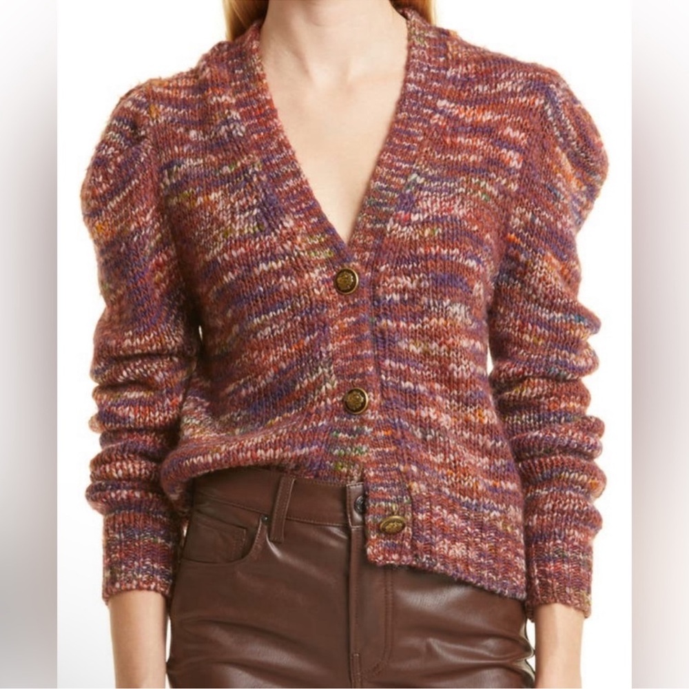 Veronica Beard Amosa Puff Sleeve Space Dye Cardigan Sweater